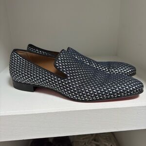 Christian Louboutin Navy, Black and Silver Geometric Slip-On Loafers
